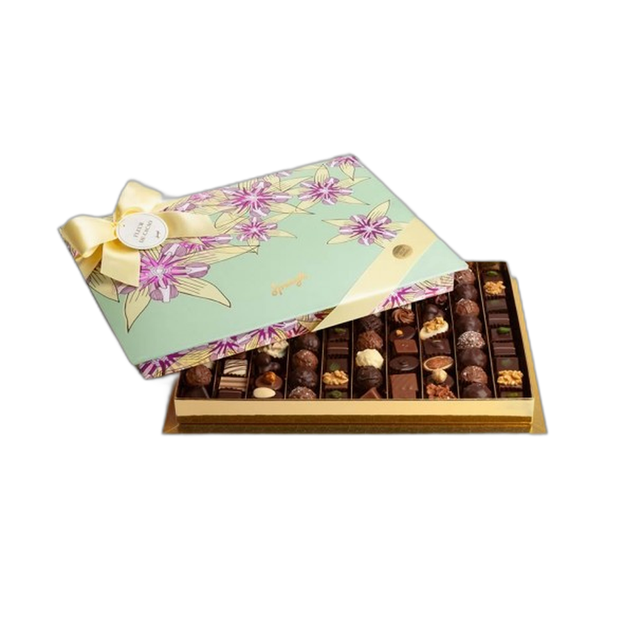 Шоколадные конфеты пралине, трюфели Bonbonniere Deluxe Fleur Cacao turqoise SPRUNGLI